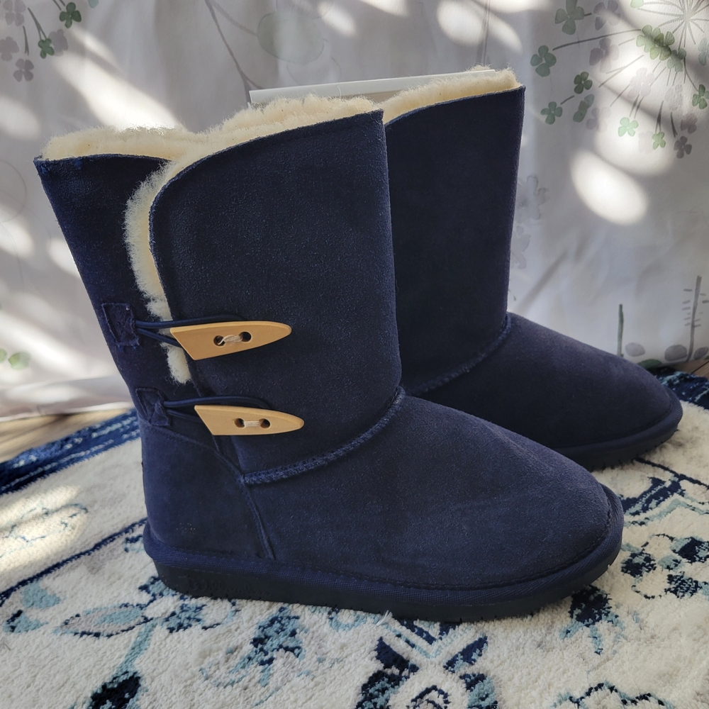 Navy Suede Shearling Boots